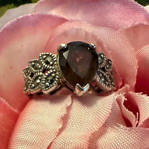 RJ Sterling Silver Smoky Quartz & Marcasite Ring Size 6
